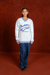 Women V- Neck Printed Powder Blue Sweatshirt