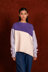 Women ,Purple, Off-White, Grey Color-Block Textured Crew Neck Sweatshirt