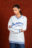 Women V- Neck Printed Powder Blue Sweatshirt