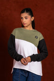 Women Olive, white,Black Color-Block Textured Crew Neck Sweatshirt