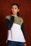 Women Olive, white,Black Color-Block Textured Crew Neck Sweatshirt